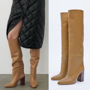 NWT ZARA High Heeled Leather Knee High Boots TAUPE GRAY Sz 8